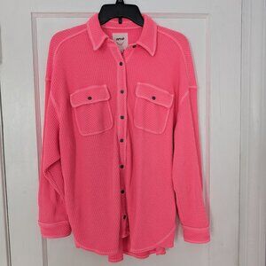 Aerie Oversized Lumberjane Waffle Buttondown Coral Sun XS